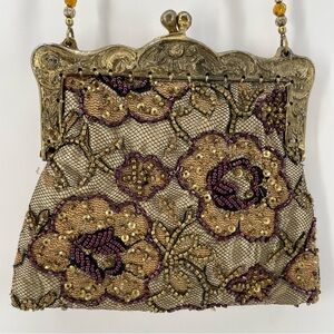 Vintage Christiana Evening Bag Purple Gold Floral Embellished Beads Kisslock